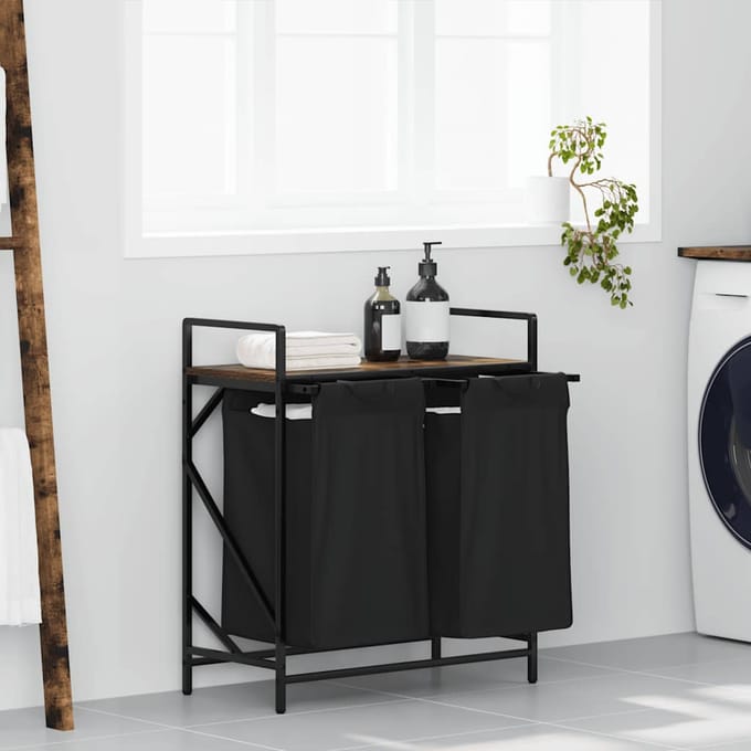 vidaXL - Wasmand - 2 - vakken - met - plank - gerookt - eikenkleurig