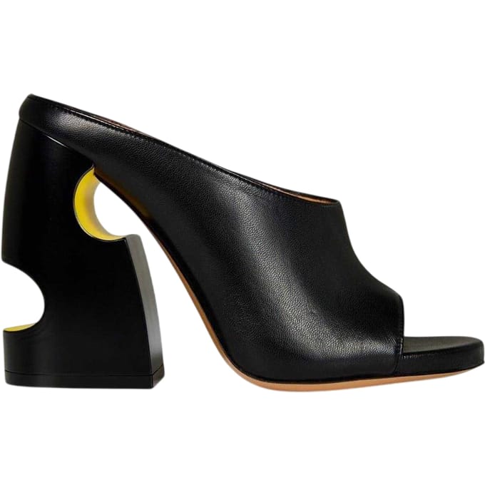 Off White Dames/Dames Uitgesneden Leren Hoge Blokhak Muiltjes (ZWART/GEEL)
