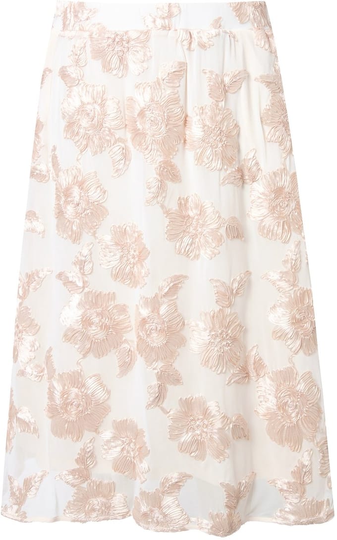 Ulla Popken - Dames - Midi-rok bloemapplicaties A-lijn elastische tailleband - Parelwit - Maat 46+