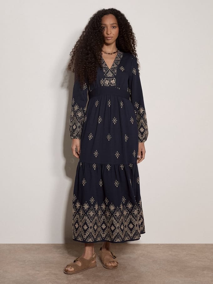 Boho geborduurde maxi-jurk