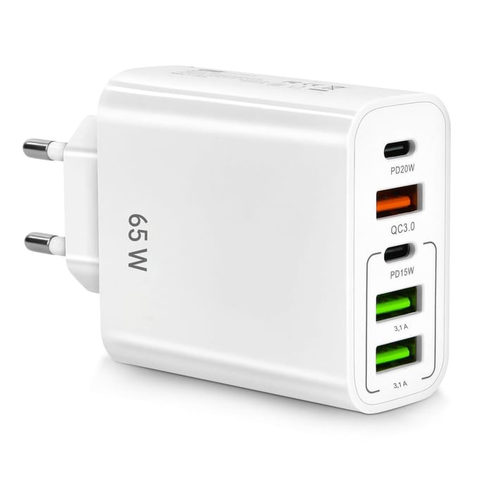 EXCITAT Telefoonoplader - Multi-interface oplader - Ondersteunt snel opladen - 3 USB-poorten + 2 USB-C-poorten - 65W - Wit