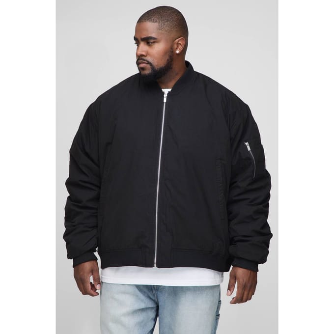 Plus Peached Embroidered MA1 Bomber Jacket | Black | Size 2XL
