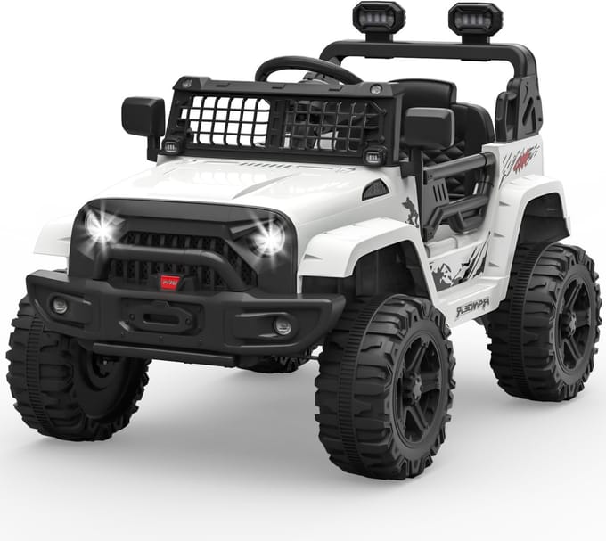 Triumpunpre - Elektrische Kinderauto 12V - Vering & LED - Bluetooth - 2 Snelheden (Wit, 3-8j)