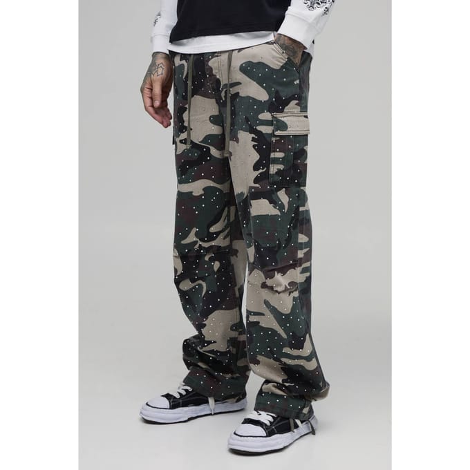 Lange Relaxed Cargo Broek Met Camouflage En Strass | Size 32
