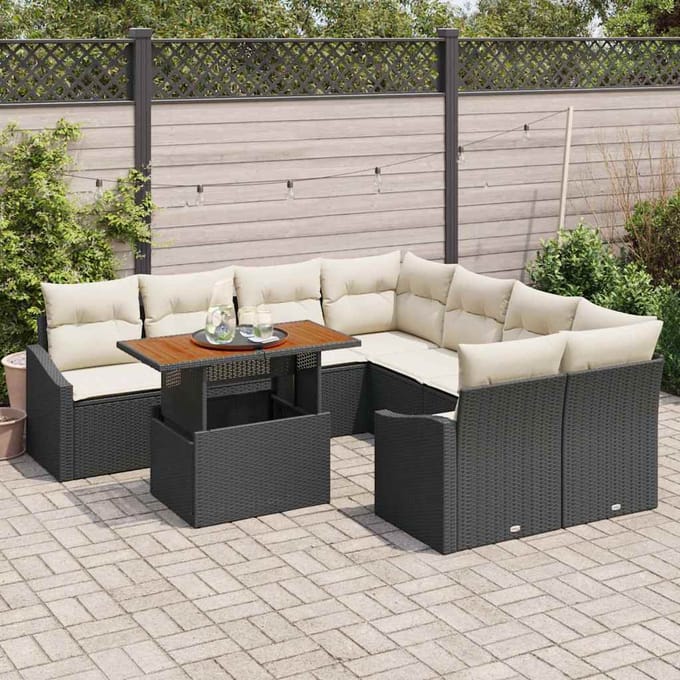 vidaXL Tuin Eettafel Set met kussen 9 pcs Zwart en Crème