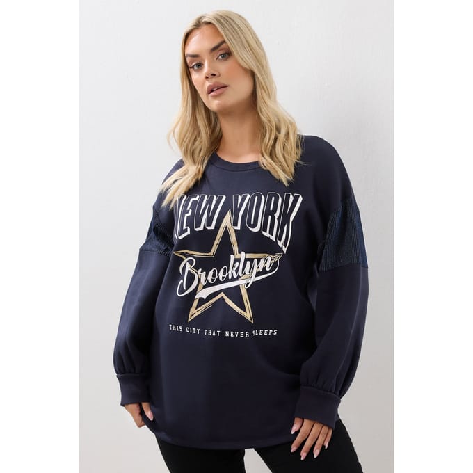 Yours Marineblauwe 'New York' Slogan Sweatshirt Size 46