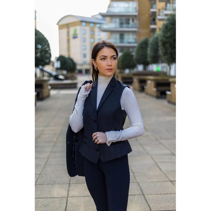 Dames zwart visgraat tweed gilet wolmix vest
