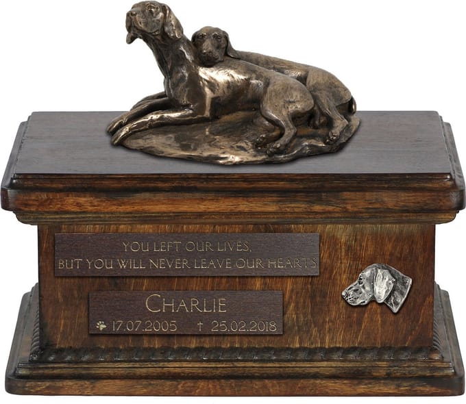 Weimaraner urn met standbeeld - gepersonaliseerde houten urn voor hondenas