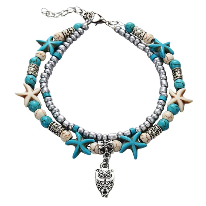 Fako Bijoux® - Enkelbandje - Enkelsieraad - Boho Zeester, Kralen & Uiltje - Turquoise