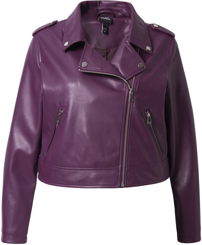 Ulla Popken - Dames - Bikerjack leerlook reverskraag ritszakken - Donkerpruim - Maat 42+