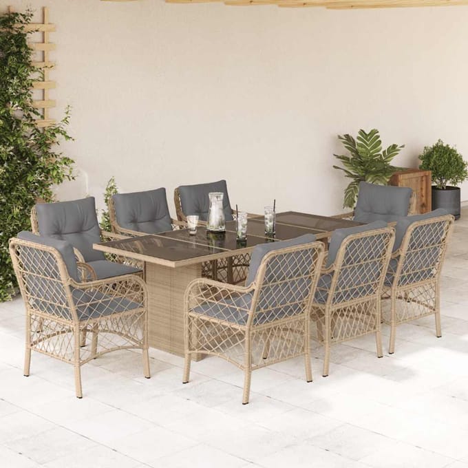 vidaXL - 9-delige - Tuinset - met - kussens - poly - rattan - gemengd - beige