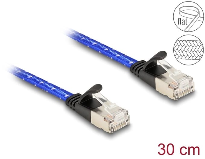Delock RJ45 flat network cable with braided coating Cat.6A U/FTP 0.3 m blue