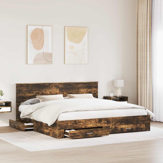 vidaXL - Bedframe - met - lade - Gerookt - eiken - 200 - x - 200 - cm - Bewerkt - hout