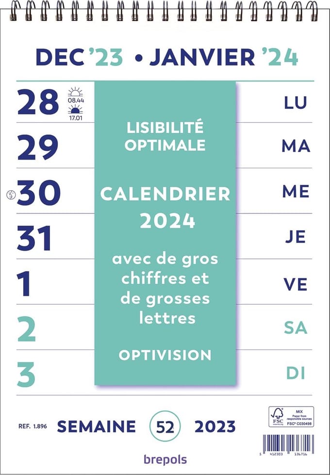 Brepols Optivision Wand-week kalender, franstalig, 2026
