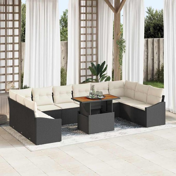 vidaXL Tuin Eettafel Set met kussen 11 pcs Zwart en Crème