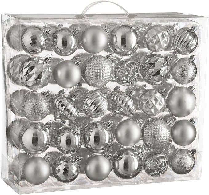 Tree decoration unbreakable silver 60 pieces - d7cm