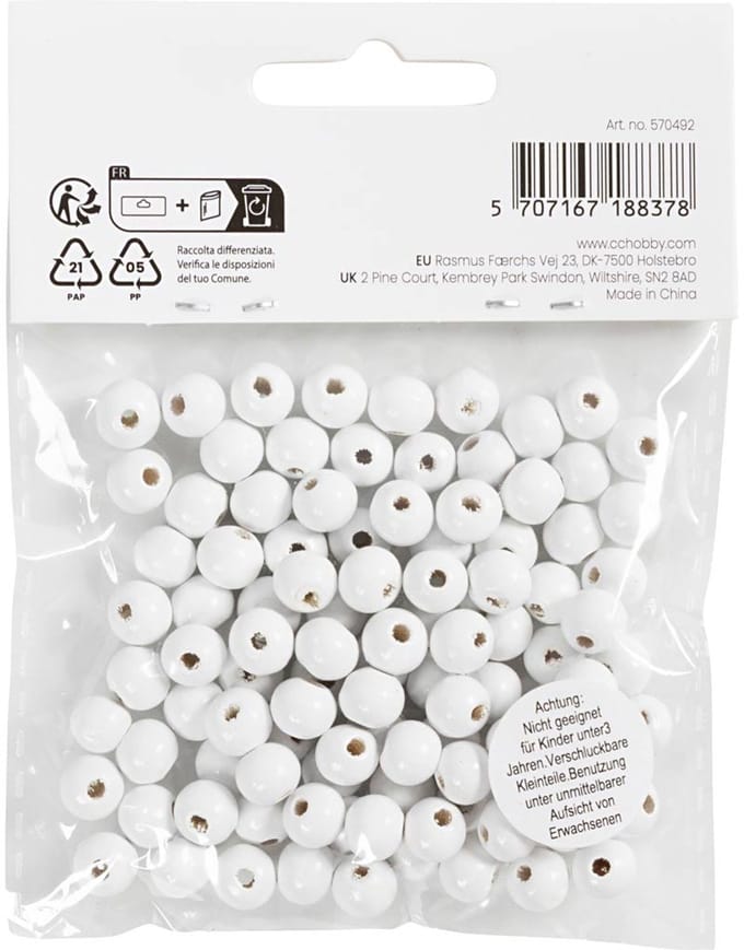 Houten Kralen, d 8 mm, gatgrootte 2 mm, ca. 80 stuk, wit, 15 gr/ 1 doos