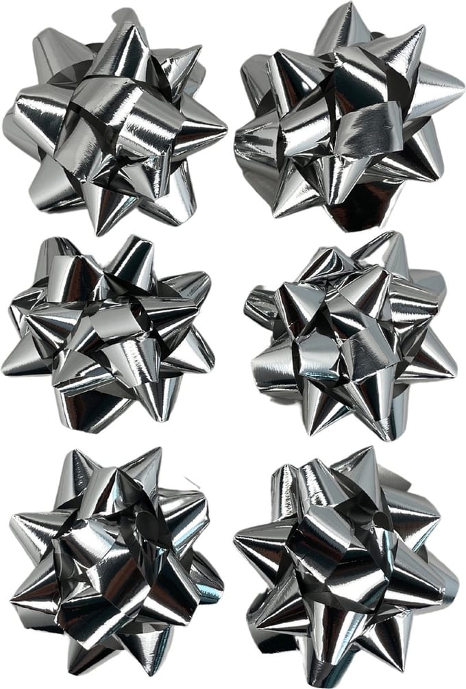 Set van 6 Zilveren Cadeau Strikken – Zelfklevend – Diameter 7 cm – Kunststof – 3BMT®