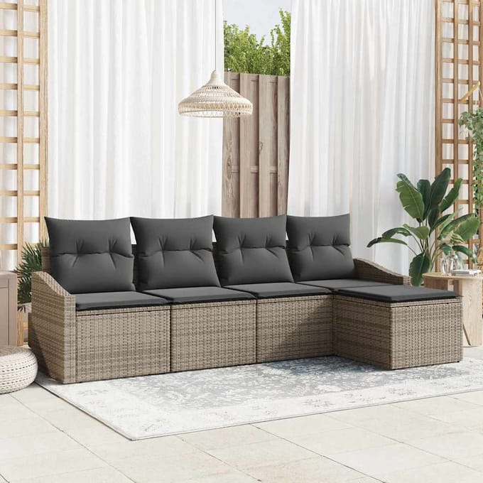 vidaXL Bankstel met kussen met opslag 5 pcs Grijs poly rattan