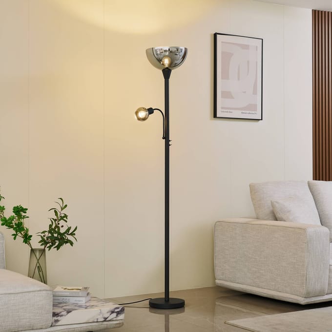 Lindby - vloerlamp - 2lichts - Glas, ijzer - H: 185 cm - E27 - grijs, zwart