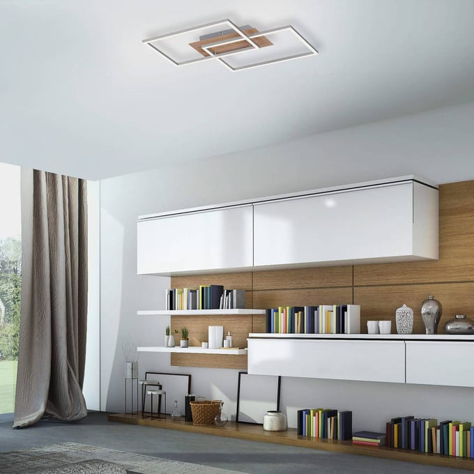 JUST LIGHT. GmbH LED plafondlamp Iven, dimbaar, staal/hout, 50,4x42cm