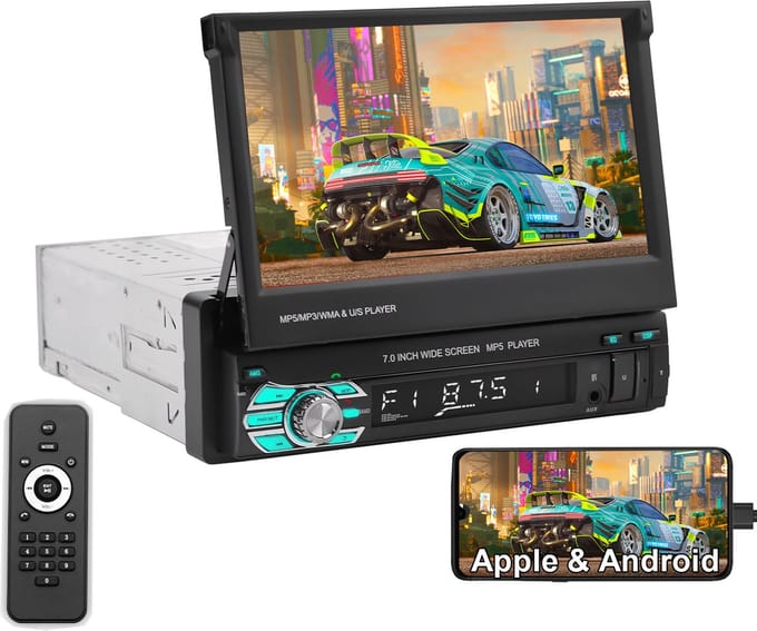 ESSGOO 1 din autoradio - 7 inch HD touchscreen - handmatig opvouwbaar scherm - MirrorLink - USB, AUX, TF, FM
