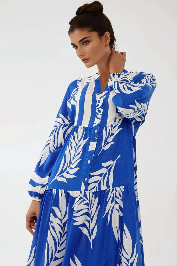 Bedrukte Lange Mouw Viscose Maxi Jurk
