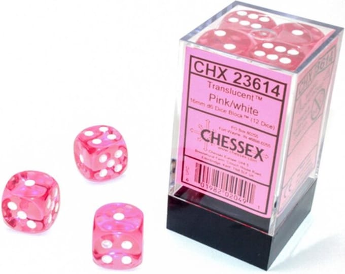 Chessex Translucent Pink/white D6 16mm Dobbelsteen Set (12 stuks)