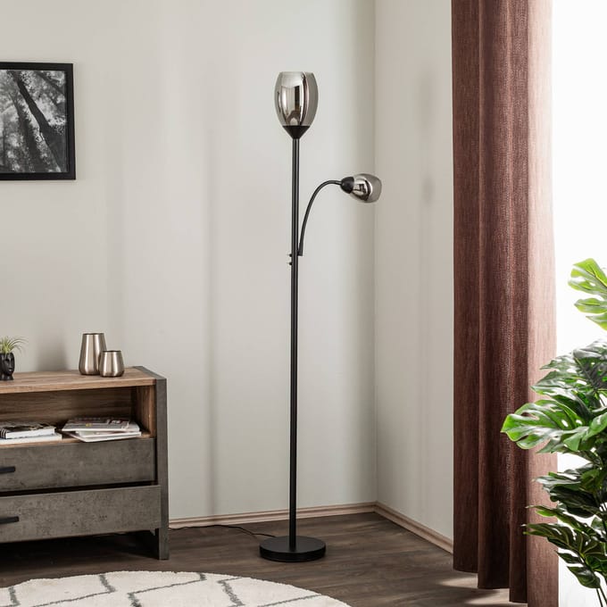 Lindby - vloerlamp - 2lichts - Staal, glas - H: 180 cm - E27 - matzwart, rook