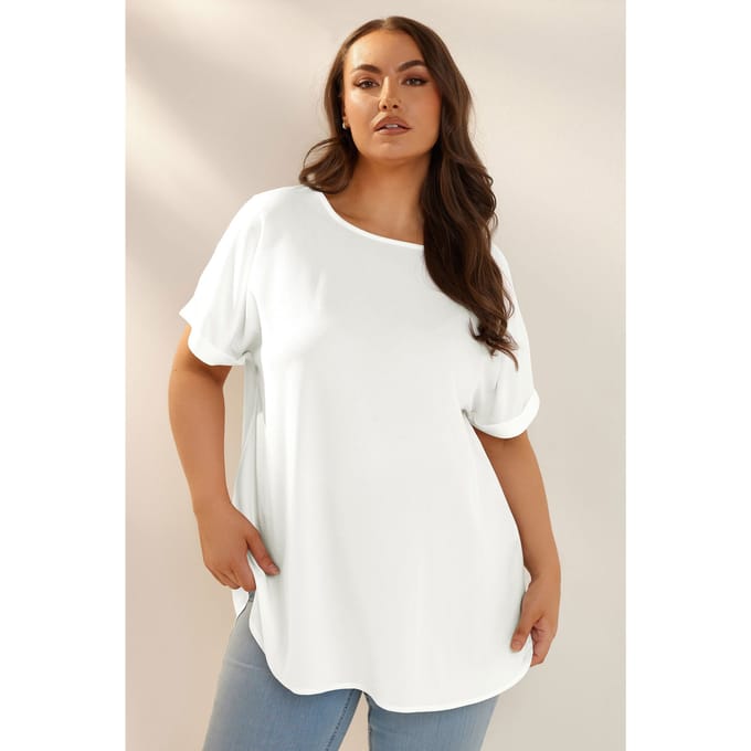 Yours Blouse Met Textuur En Korte Mouwen Met Omslagrand In Wit Size 42
