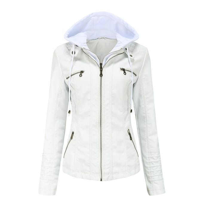 Leren Jas met Capuchon Leren Jas Dames Lente- en Herfstjas Dames PU Gewassen Leer L white