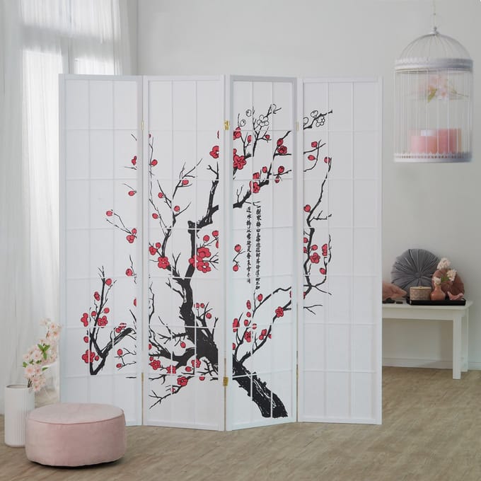 Homestyle4u Kamerscherm - 176x179 cm - Wit - 4-delig - Kersen
