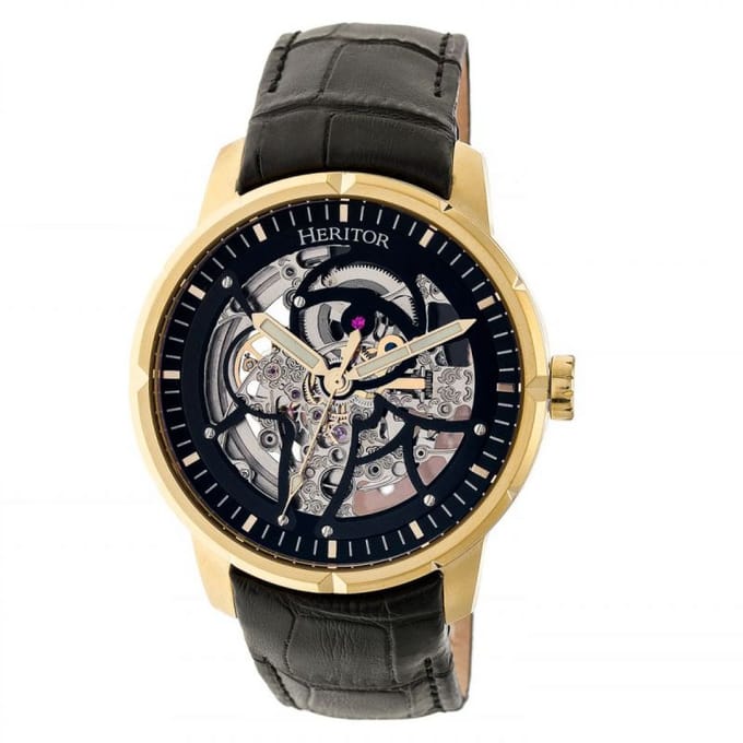 Heritor Automatic Ryder Skeleton leren band horloge - Zwart/Goud