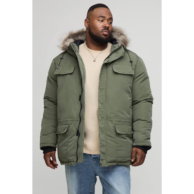 Plus Faux Fur Hooded Arctic Parka Jacket in Black | Khaki | Size 2XL