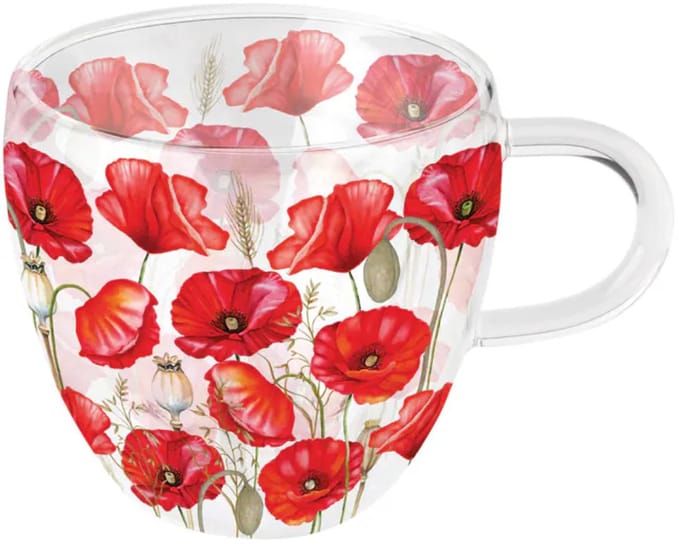 Ambiente Poppy All Over White Dubbelwandig Glas 0.2L – Klaprozen Design - set van 6