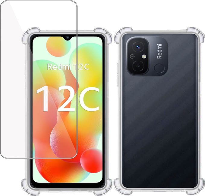 Hoesje + Screenprotector geschikt voor Xiaomi Redmi 12C – Tempered Glass - Extreme Shock Case Transparant