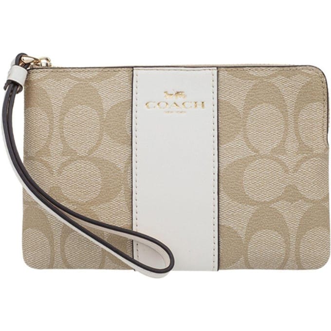 Coach Hoek Ritssluiting 16 Monogram Canvas en Leer Polsbandje Clutch Kleine Dames clutch Wit Khaki 58035-IMDQC Gift Box Set (Basic Set+Yellow Box) beige