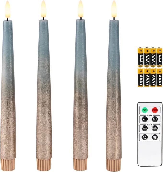4 Flameless LED Kaarsen met Afstandsbediening en Timer - Rustiek Blauw/Koper - 24,5 cm