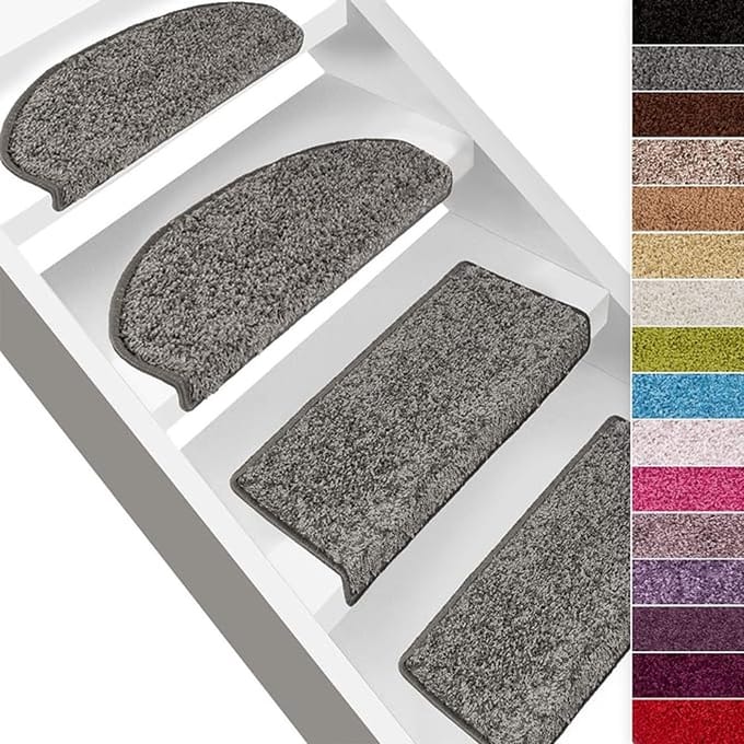 FLOORDIREKT Shaggy Trapmat - Sphinx - Zelfklevend - Halfrond - Grijs - 23,5 x 65 cm