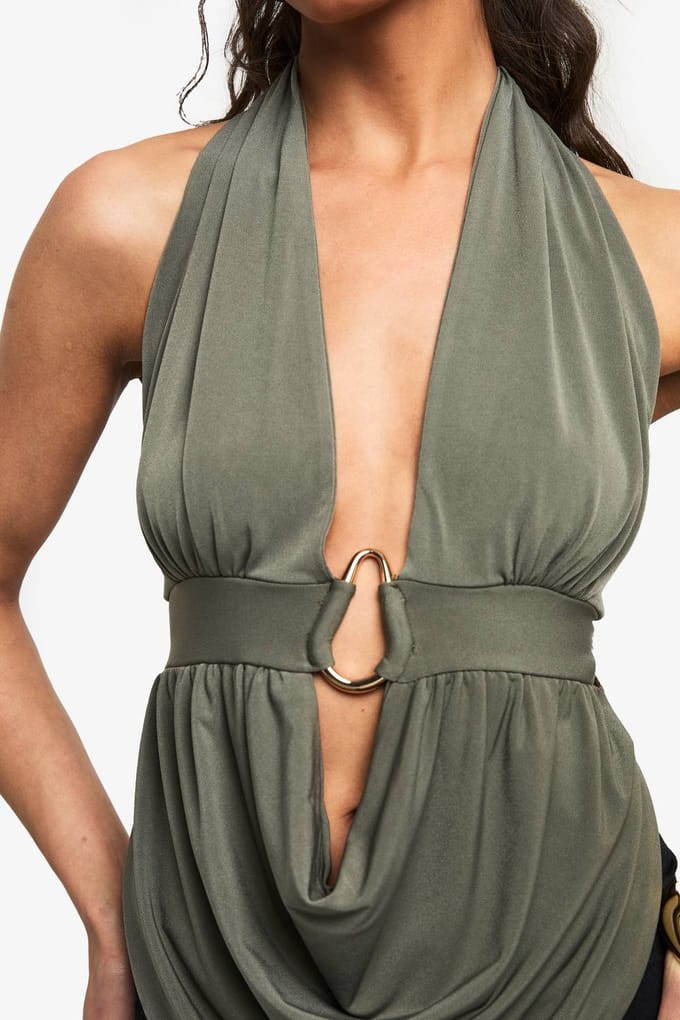 boohoo Dames Slinky Trim Detail Cowl Front Top | Kaki | Maat: 42