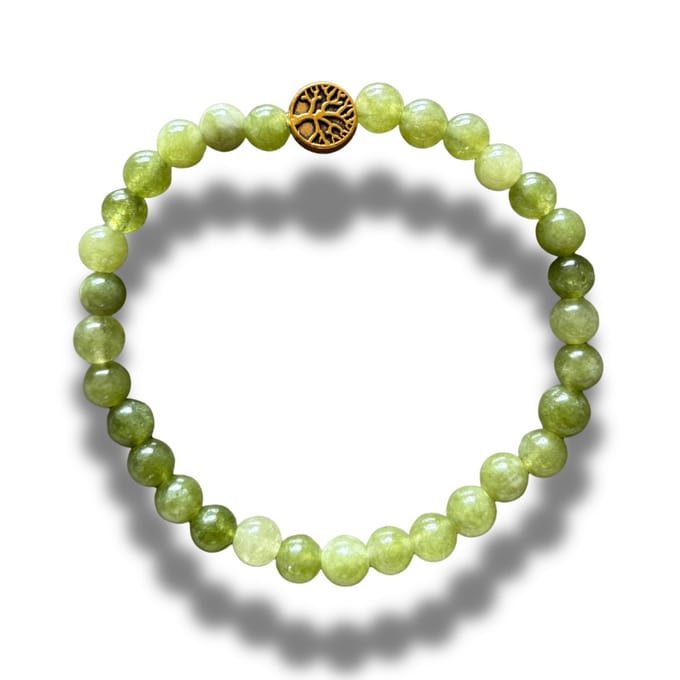 Armband - natuursteen - peridoot - 6 mm - 19,5 cm - goudkleurig element levensboom