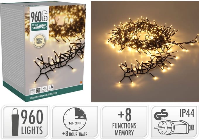 Treecluster Kerstboomverlichting - 960LED- Warm Wit - 1240 cm - Timer- Geheugen - 8 Lichtstanden - IP44