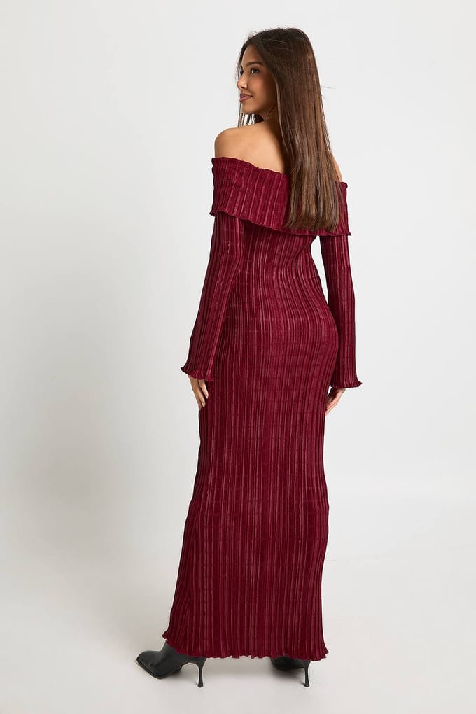 boohoo Dames Getextureerde Bardot Maxi-jurk | Wijn | Maat: 38