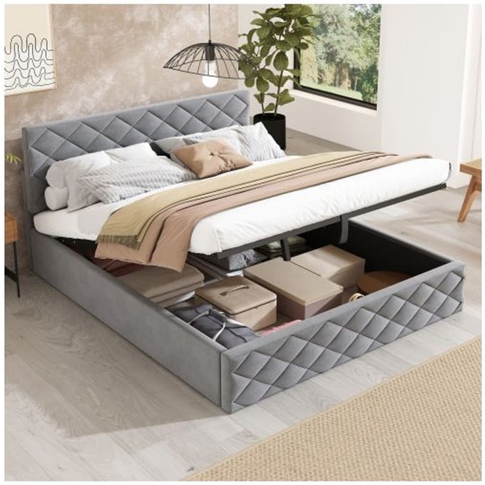 Gestoffeerd bed - MUVOE - 140x200 cm - Hydraulische functie - Opbergruimte - Elegant design grijs