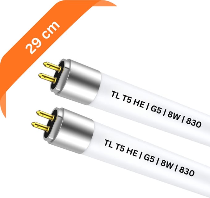 2x T5 TL buis 29 cm – 830 Warm Wit 3000K – 8W – G5 fitting – Ø 1.6 cm
