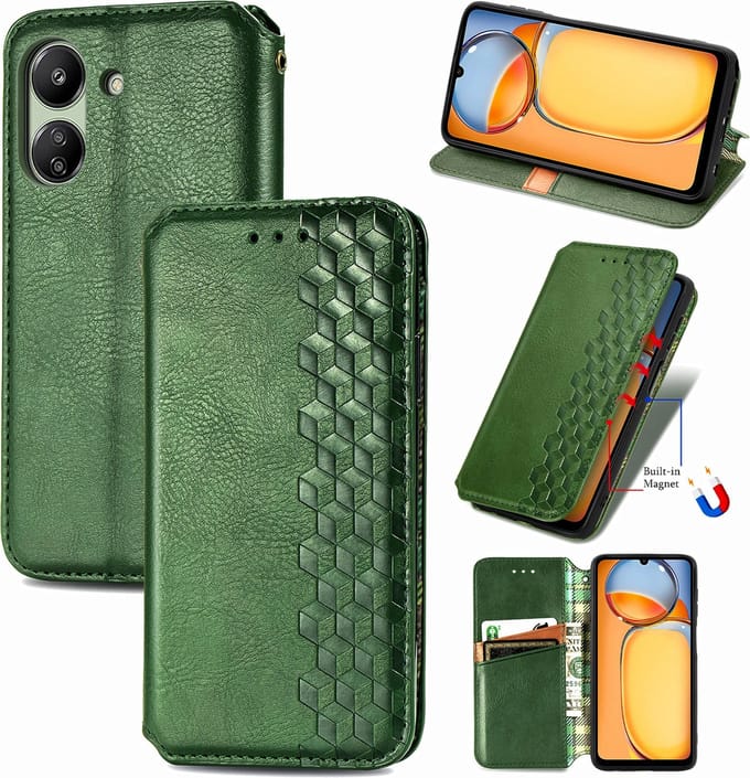 Luxe PU Lederen Ruitpatroon Wallet Casevoor Redmi 13C 4G _ Groen