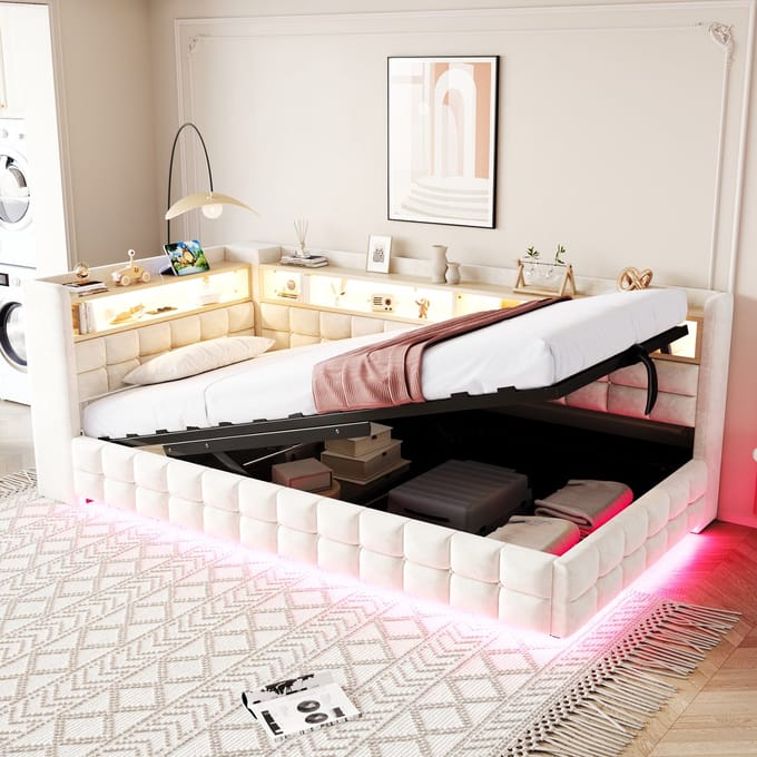MODFU - Bedframe 90x200 cm – Velours met hydraulische opslag, LED & USB – Beige