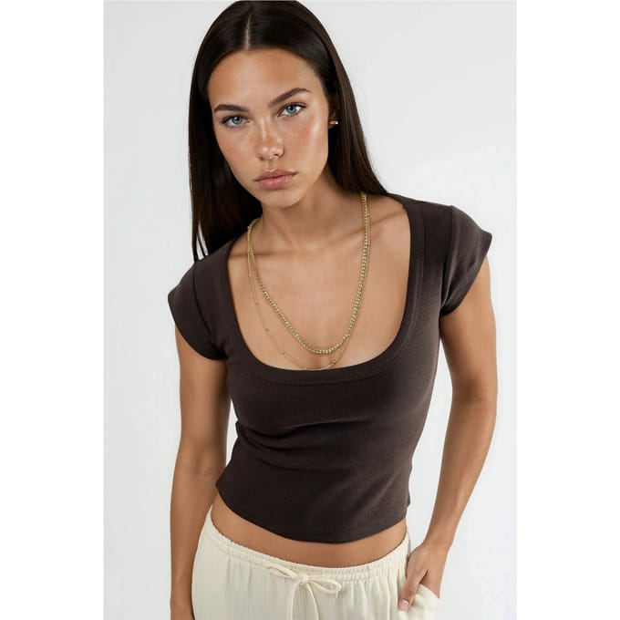 Slim Fit Ribbel U-Hals Blouse