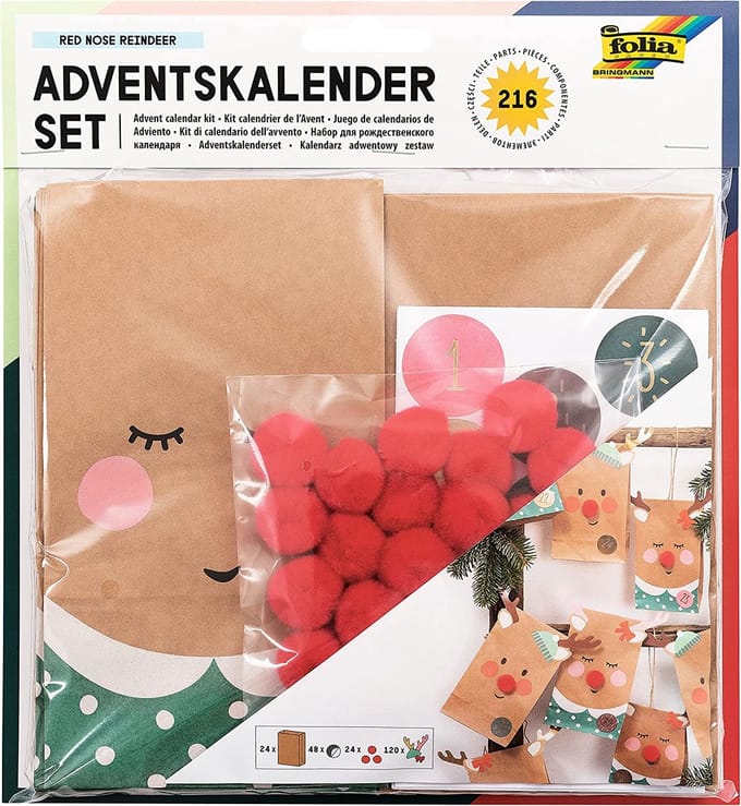 Kerstkalender-set rood neuzenrendier, 216-delig.