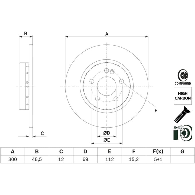 Remschijf BOSCH 0 986 479 H49 achter, volledig, sterk gecarboniseerd, 1 Stuk